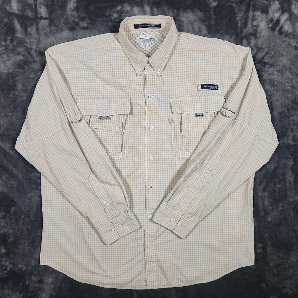 Columbia PFG Super Bahama Vented Fishing Shirt Men’s L Yellow Plaid Long Sleeve